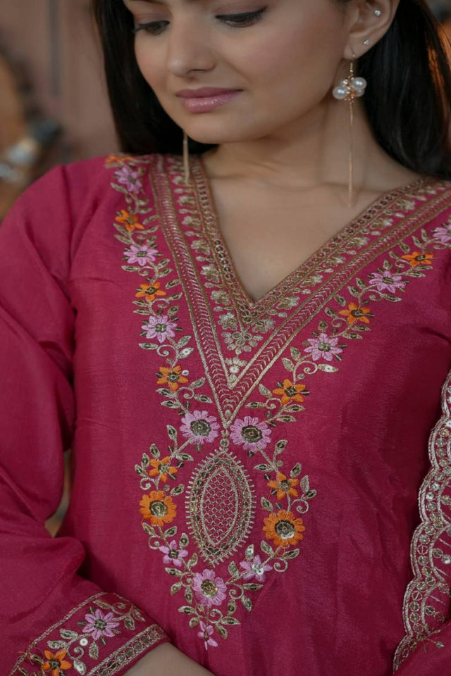 Pink Floral Embroidered Silk Straight Cut Suits