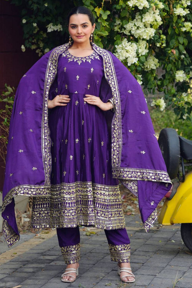 Violet Floral Embroidered Silk Anarkali Suits