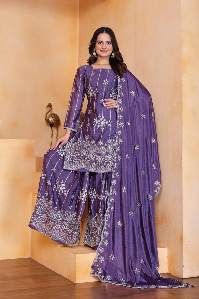 Violet Sequin with Embroidered Silk Sharara Suits