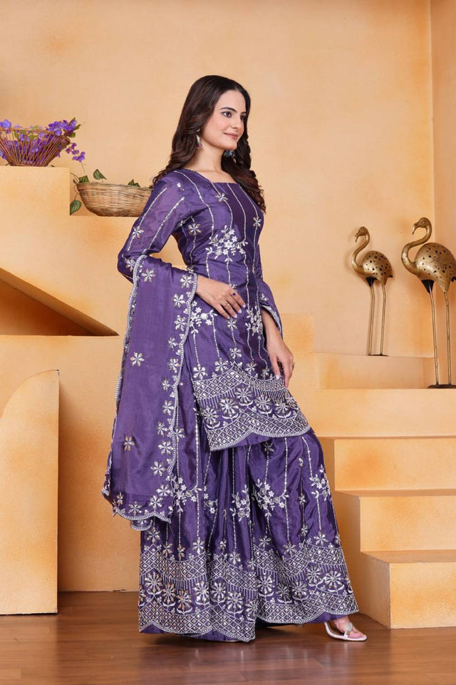 Violet Sequin with Embroidered Silk Sharara Suits
