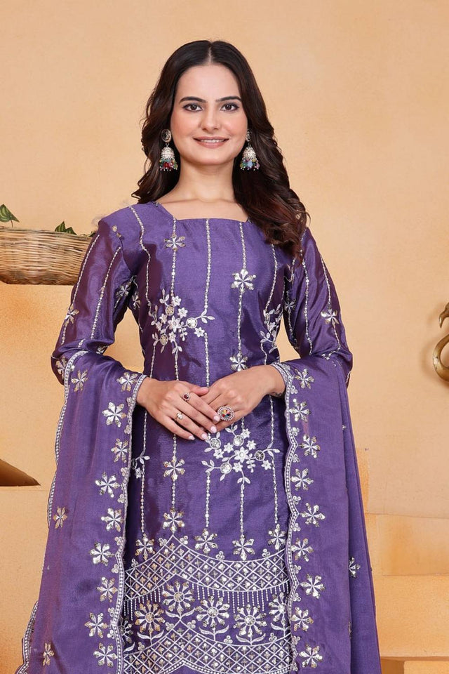 Violet Sequin with Embroidered Silk Sharara Suits