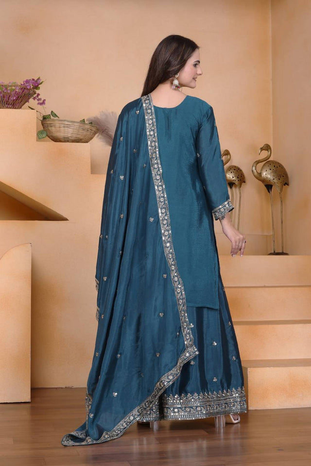 Turquoise Sequin with Embroidered Silk Sharara Suits