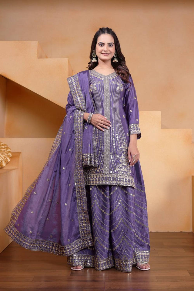 Lavender Sequin with Embroidered Silk Sharara Suits