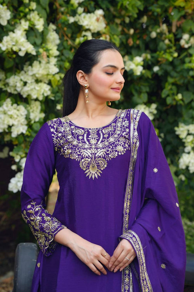 Violet Sequin with Embroidered Silk Sharara Suits