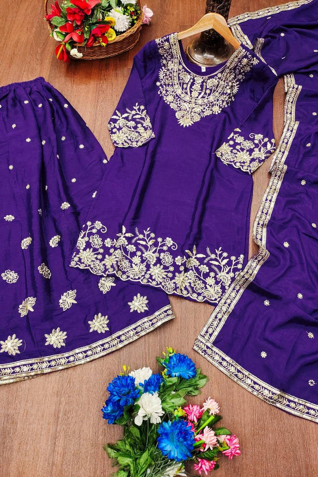 Violet Sequin with Embroidered Silk Sharara Suits