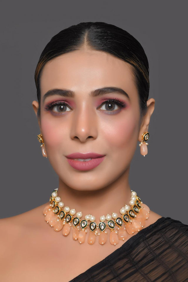Peach Kundan & Beads Alloy Necklace Set