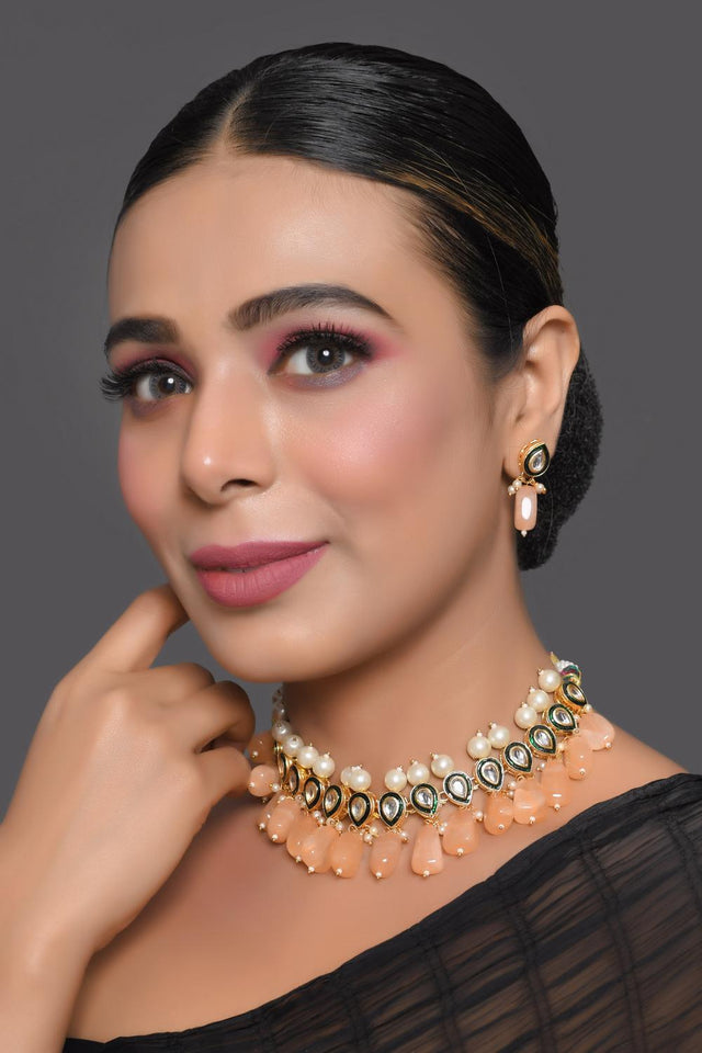 Peach Kundan & Beads Alloy Necklace Set
