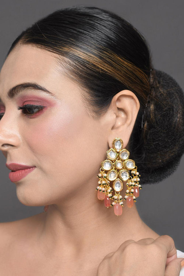 Peach Kundan & Beads Alloy Earrings