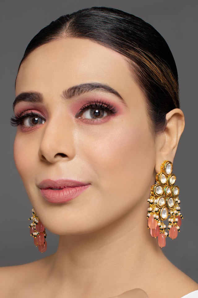 Peach Kundan & Beads Alloy Earrings