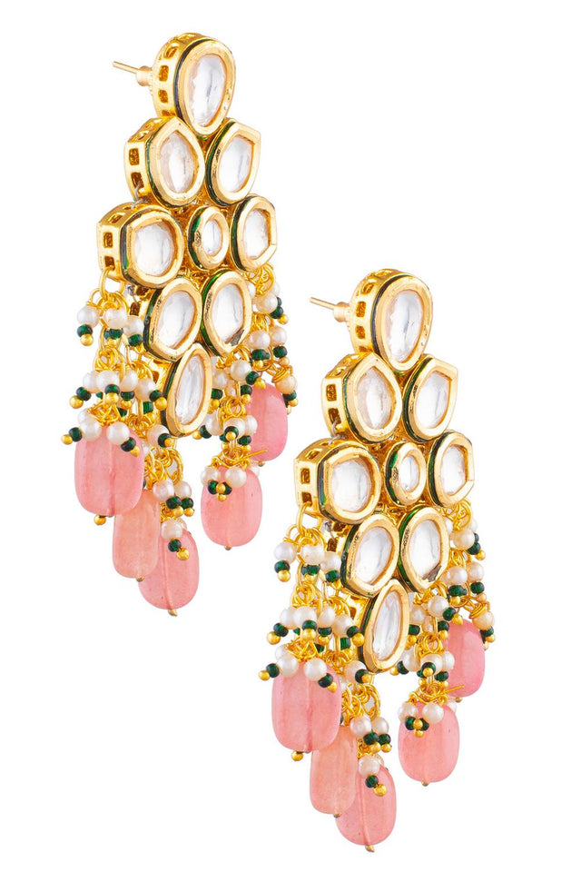 Peach Kundan & Beads Alloy Earrings