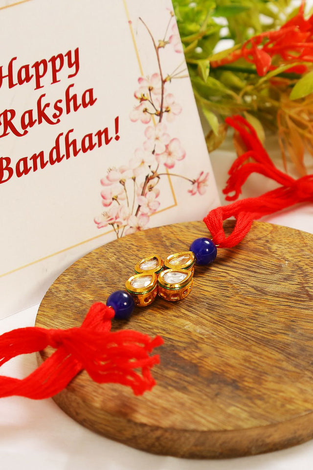 Red Gold Toned Blue Beaded Kundan Rakhi