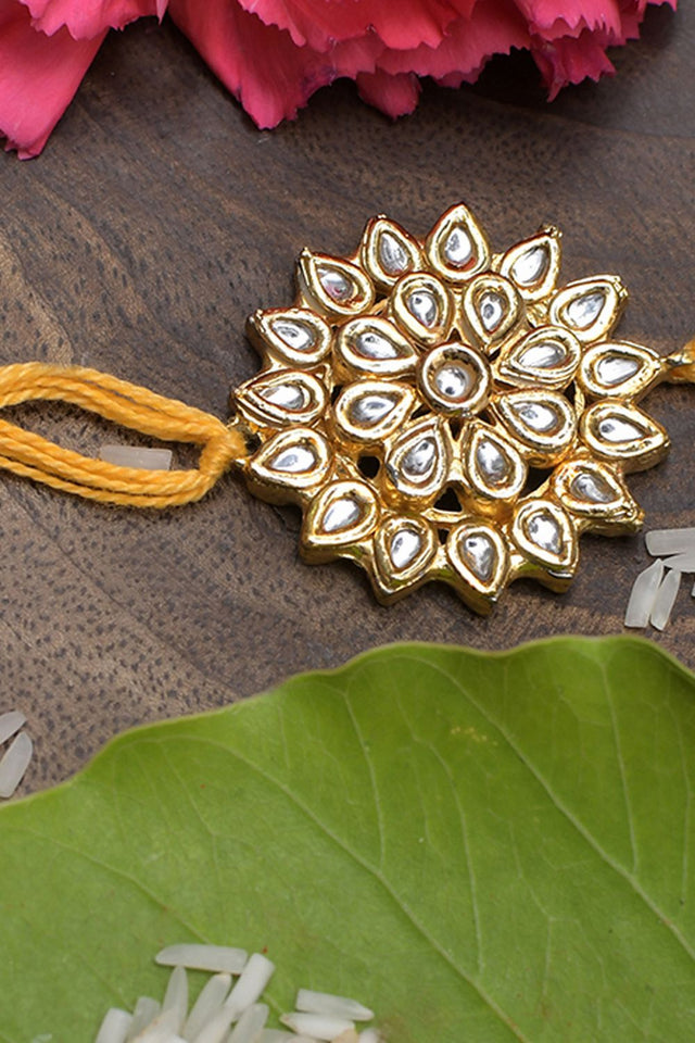 Yellow Gold Tone Floral Kundan Rakhi