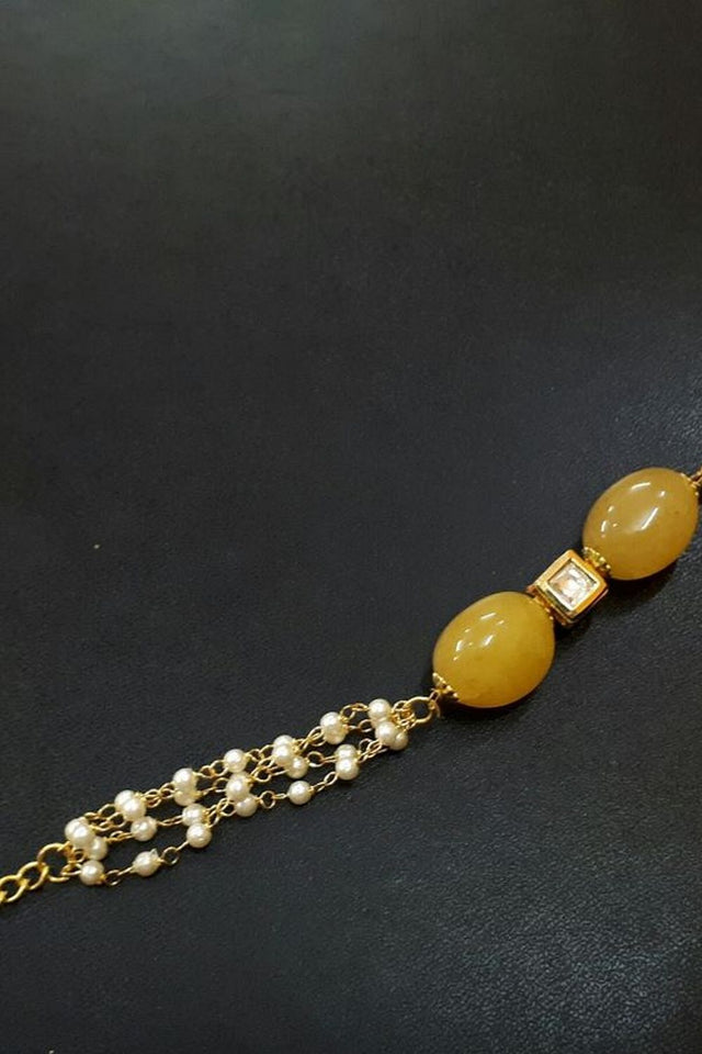 Yellow Beaded Kundan Inspired Pearl Bracelet