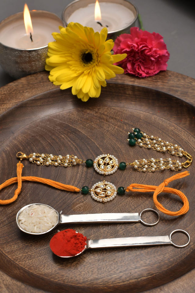 Handmade Kundan Rakhi & Lumba Set- Set Of 2
