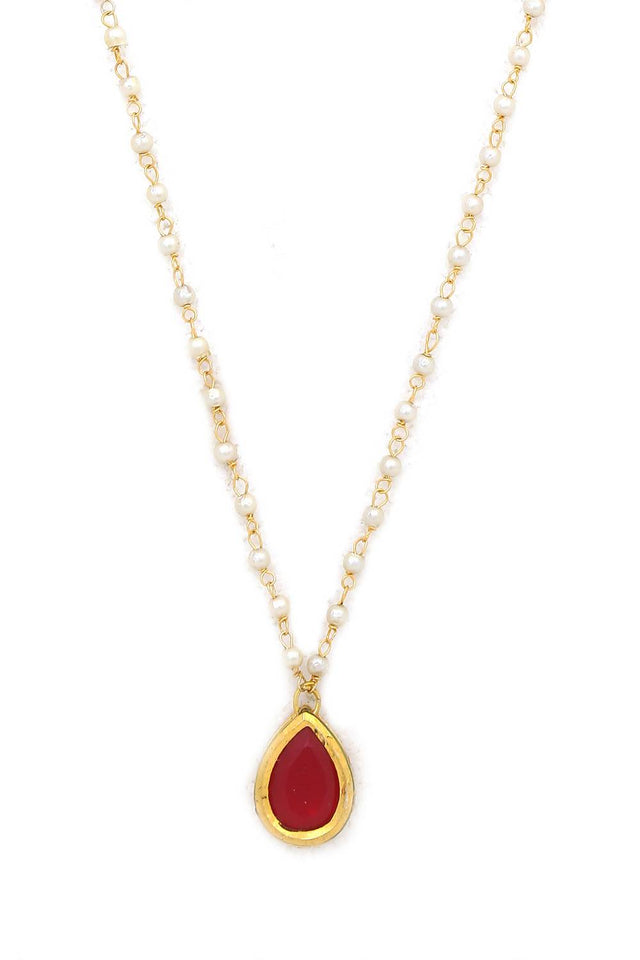 Golden Ruby Tear Drop Kundan Pearl Alloy Necklace