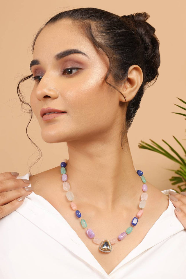 White Multicolored Kundan Brass Polki Necklace