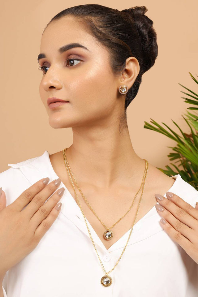 Golden Layered Kundan Brass Polki Necklace Set