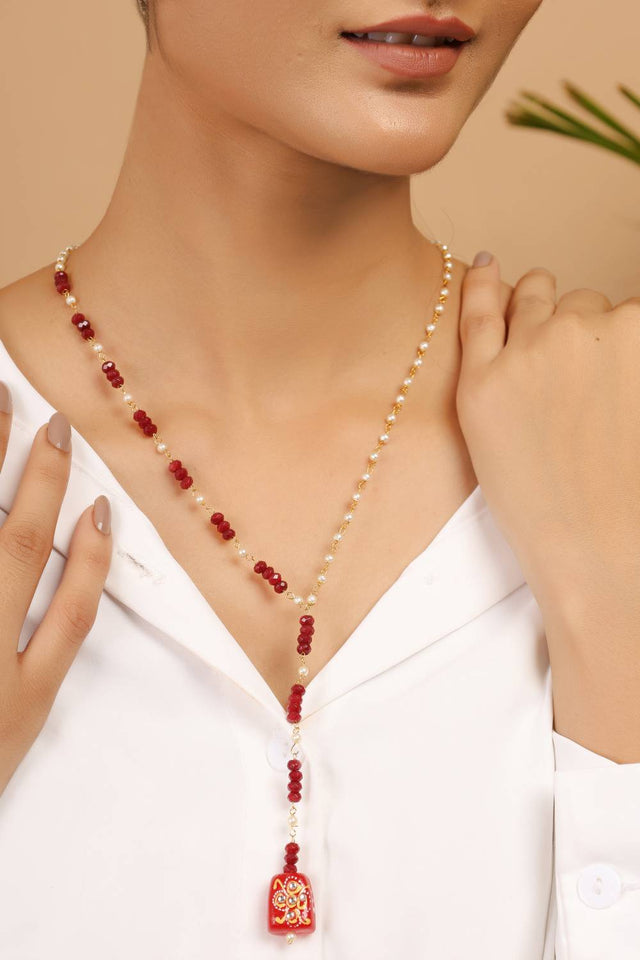Red Red And Pearl Beaded Necklace