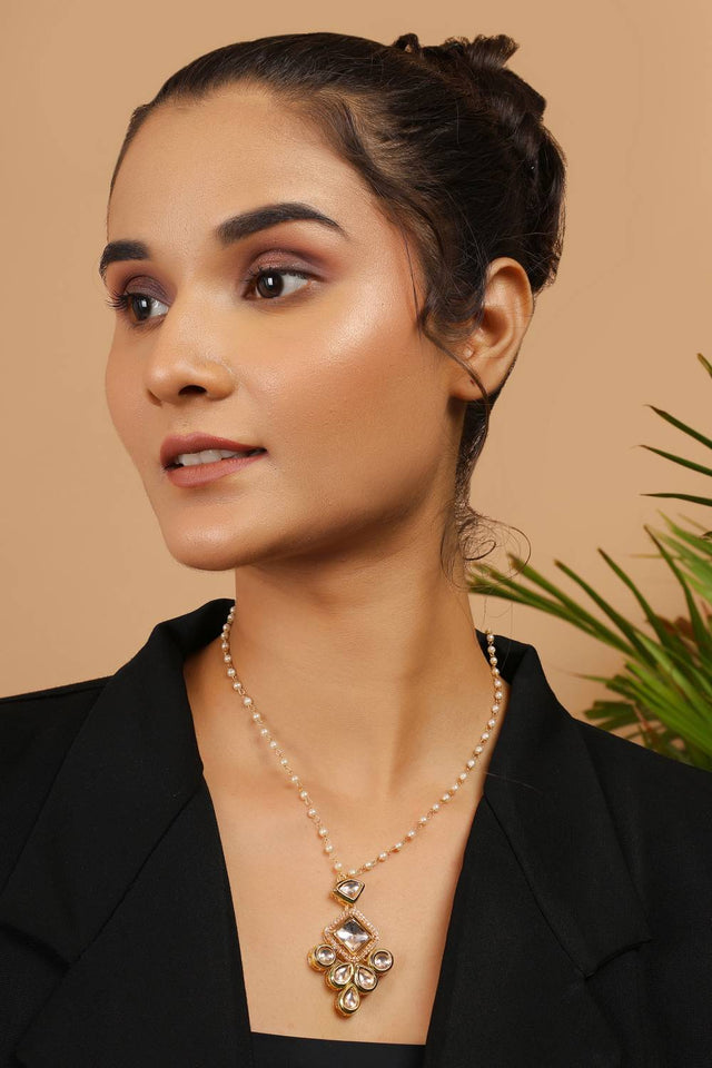 Golden Uncut Kundan Brass Polki Pearl Necklace