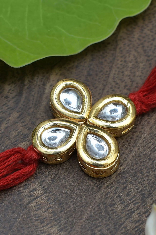 Kundan Floral Red Gold Tone Kundan Rakhi