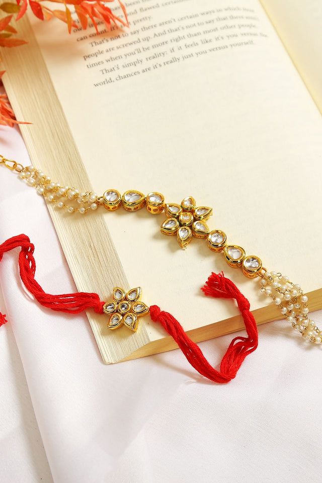 Handcrafted Floral Kundan Rakhi & Lumba Set-Set Of 2