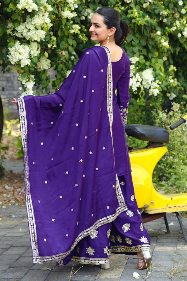 Blue Floral Embroidered Chinon Sharara Suits (FEN - 120)