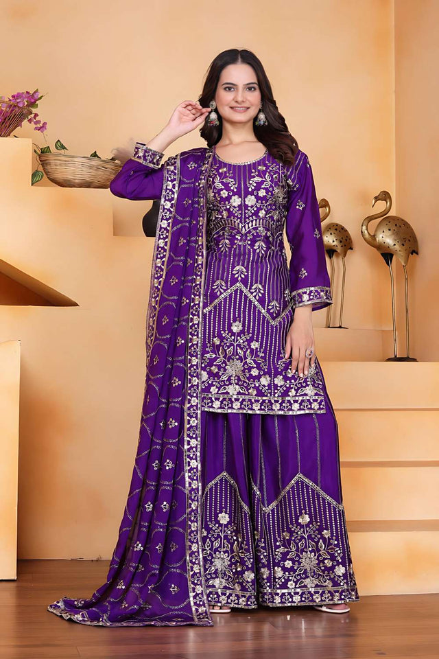 Violet Sequin with Embroidered Chinon Sharara Suit Set