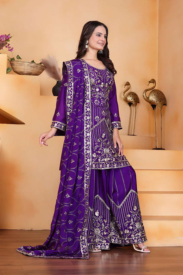 Violet Sequin with Embroidered Chinon Sharara Suit Set