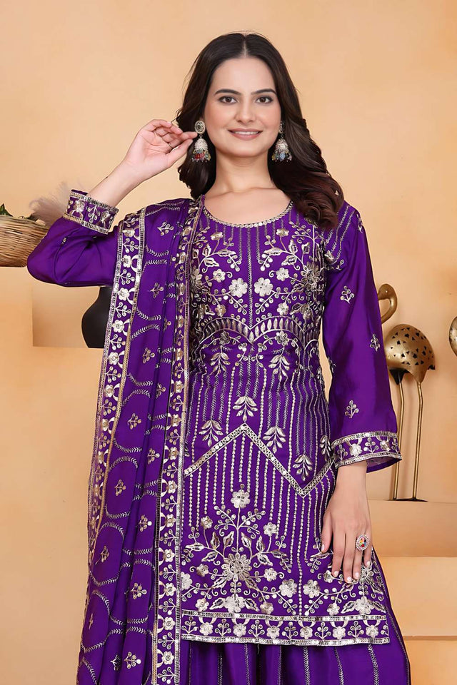 Violet Sequin with Embroidered Chinon Sharara Suit Set