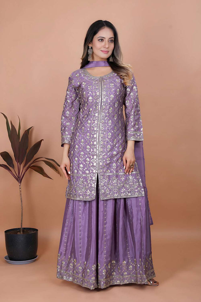 Lavender Sequin with Embroidered Chinon Sharara Suit Set
