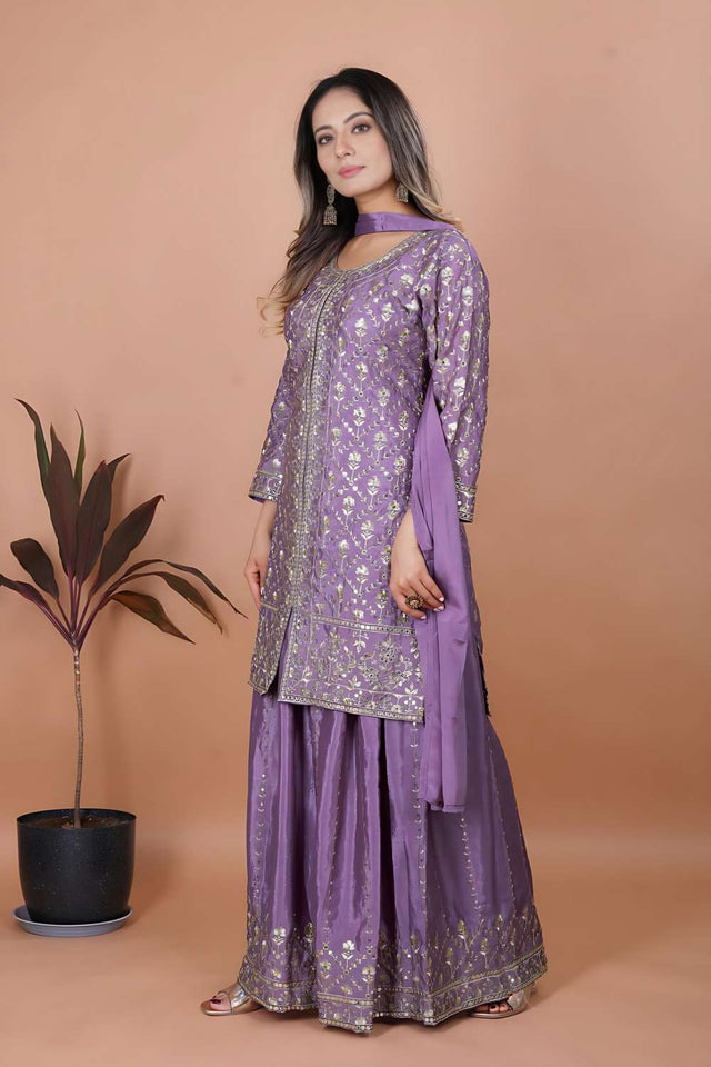 Lavender Sequin with Embroidered Chinon Sharara Suit Set