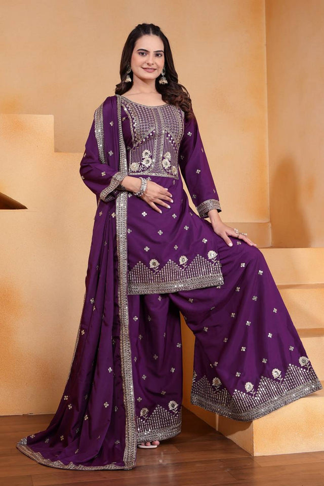 Violet Sequin with Embroidered Silk Sharara Suits
