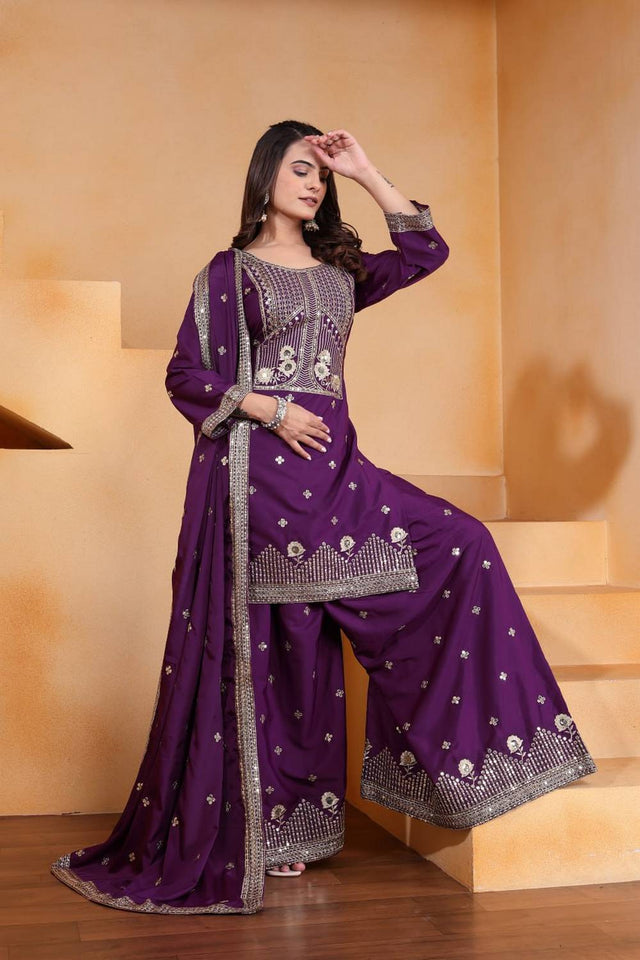 Violet Sequin with Embroidered Silk Sharara Suits