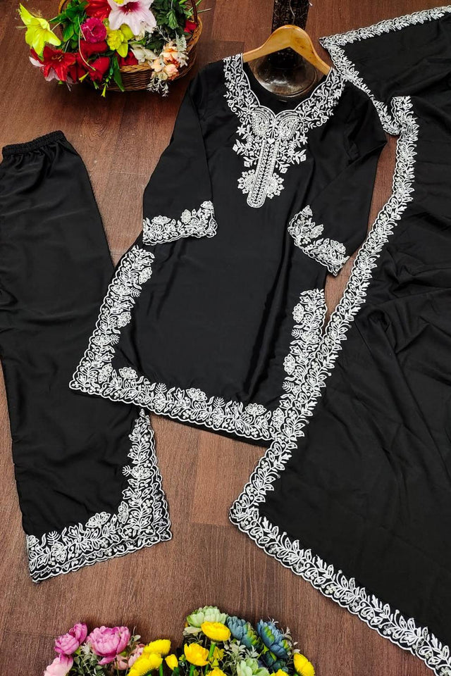 Black Embroidered Silk Palazzo Suits