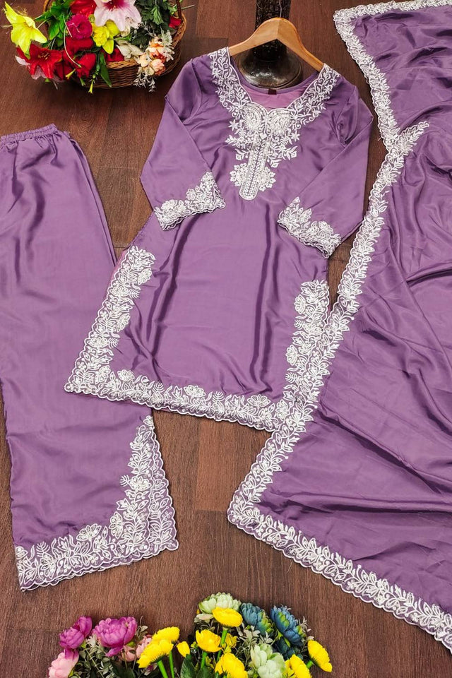 Lavender Embroidered Silk Palazzo Suits