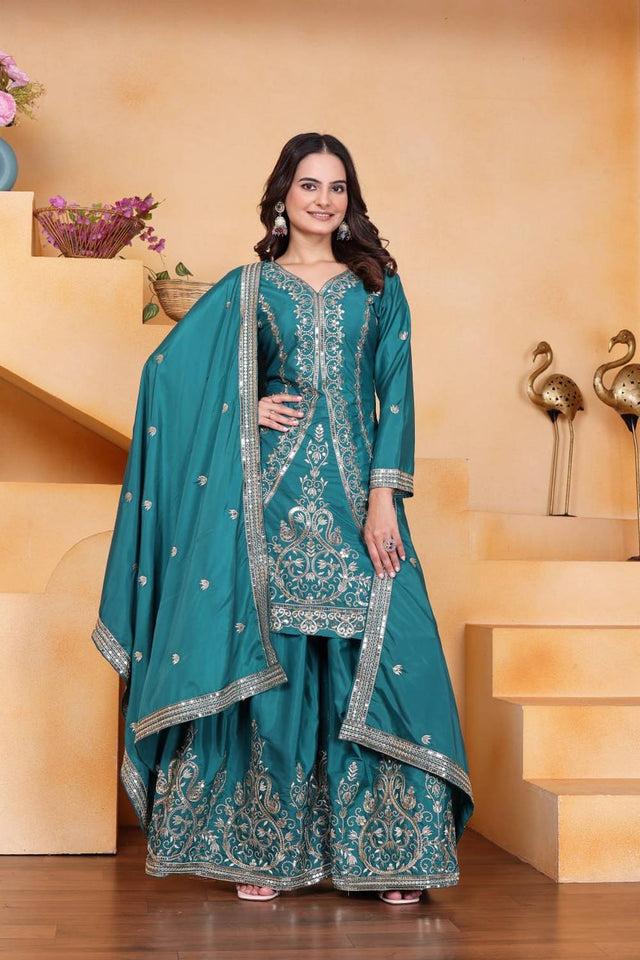 Turquoise Sequin with Embroidered Silk Sharara Suits