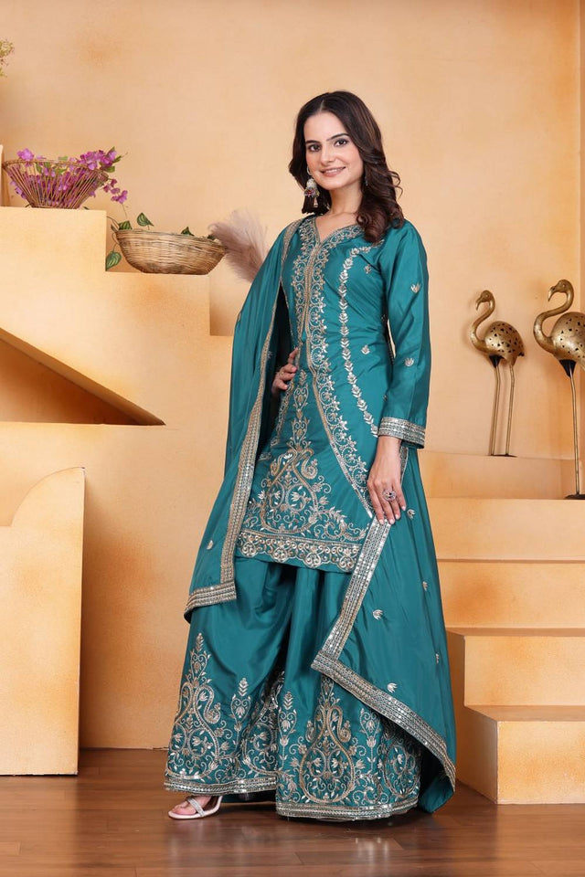 Turquoise Sequin with Embroidered Silk Sharara Suits