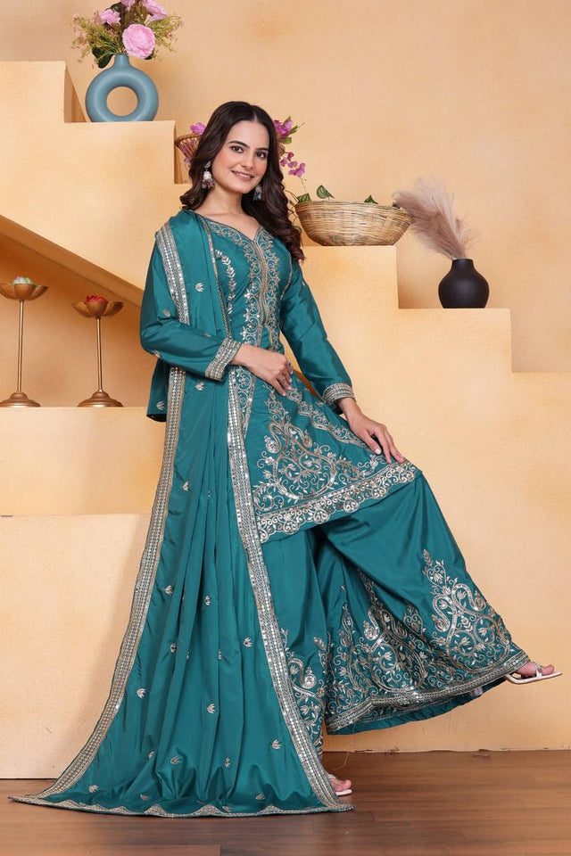 Turquoise Sequin with Embroidered Silk Sharara Suits