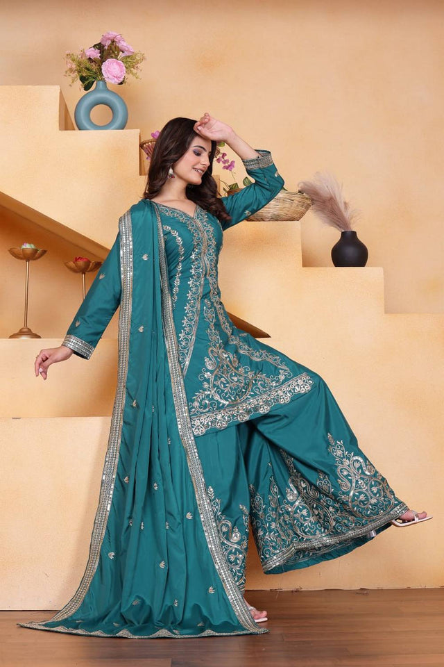 Turquoise Sequin with Embroidered Silk Sharara Suits