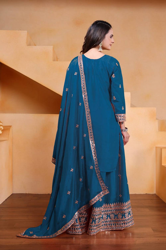 Turquoise Sequin with Embroidered Silk Sharara Suits