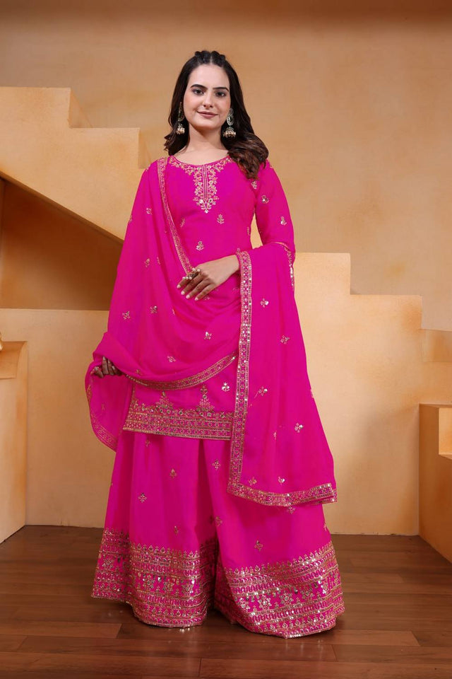 Pink Sequin with Embroidered Silk Sharara Suits
