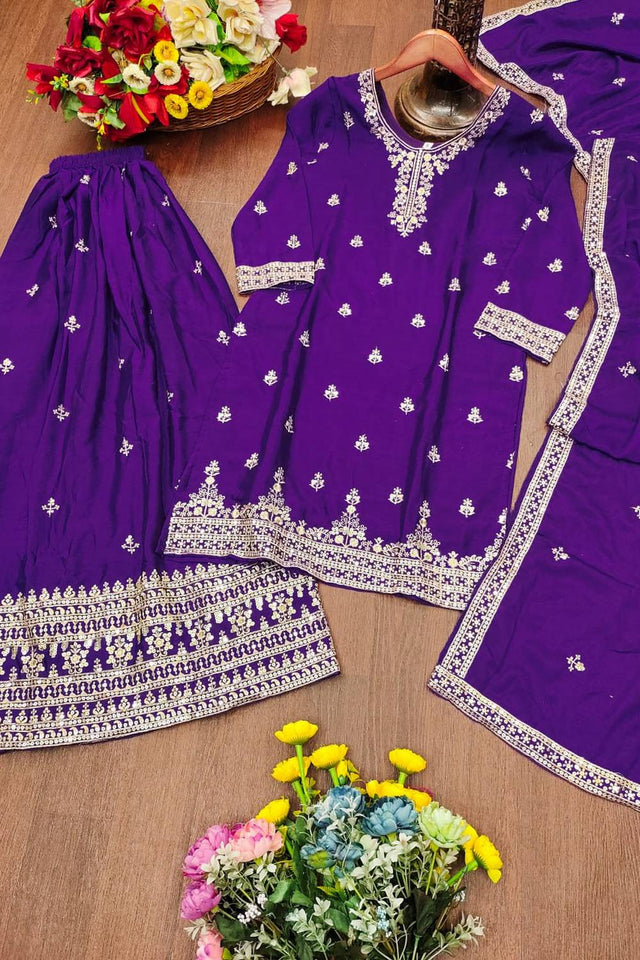 Violet Sequin with Embroidered Silk Sharara Suits