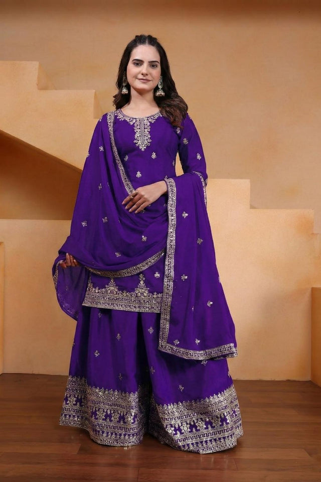 Blue Floral Embroidered Chinon Sharara Suits (FE - 119 -Blue)