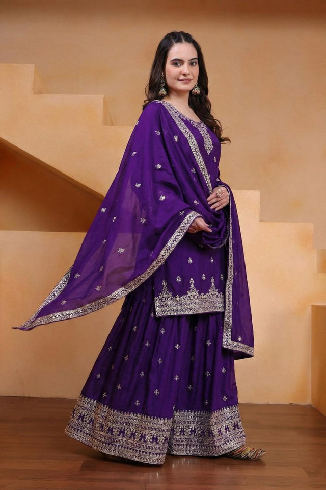 Blue Floral Embroidered Chinon Sharara Suits (FE - 119 -Blue)