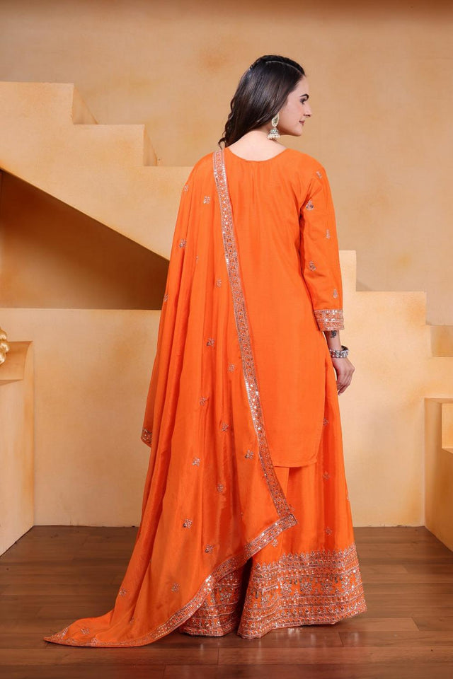 Orange Floral Embroidered Chinon Sharara Suits (FE - 119 -Orange)