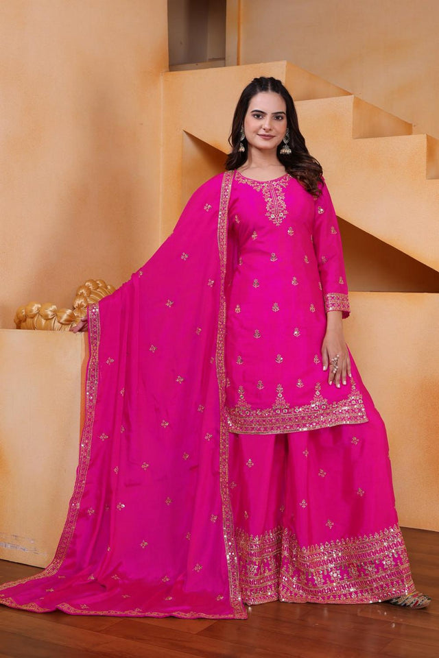 Pink Floral Embroidered Chinon Sharara Suits (FE - 119 -Pink)
