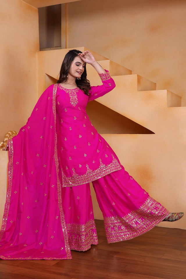 Pink Floral Embroidered Chinon Sharara Suits (FE - 119 -Pink)