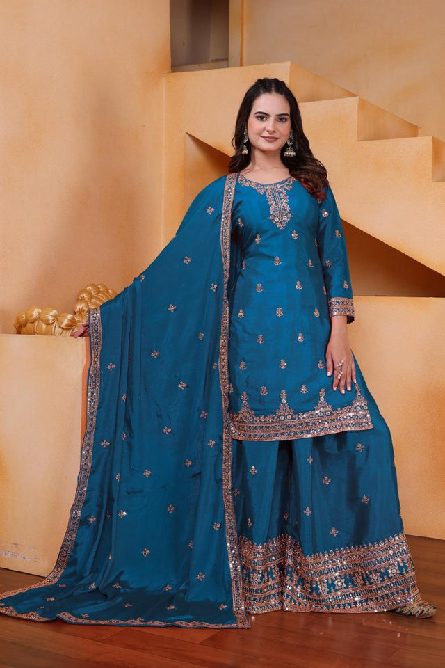 Turquoise Floral Embroidered Chinon Sharara Suits (FE - 119 -Rama)