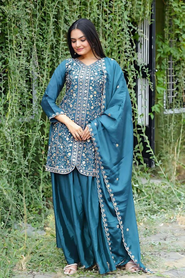 Blue Sequin with Embroidered Chinon Sharara Suit Set