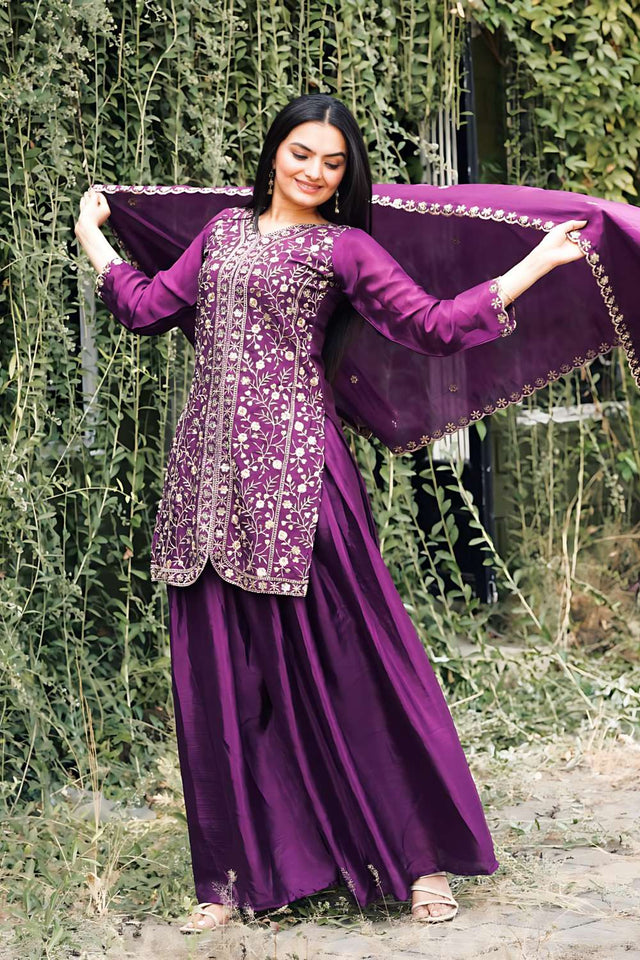 Wine Sequin with Embroidered Chinon Sharara Suit Set